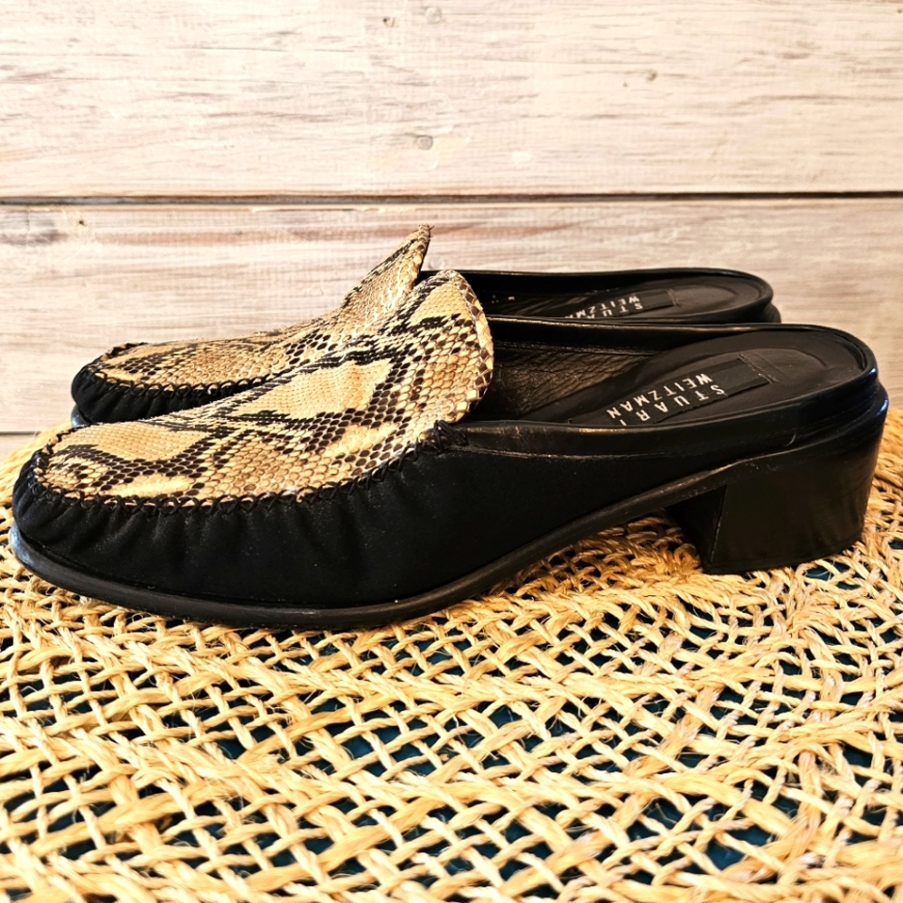 Stuart Weitzman Black & Snakeskin Slip-Ons Loafers Size 9.5
